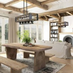 Outlet 🔥 LNC Lighting LNC 32" 5-Light Farmhouse Matte Black And Brown Wood Linear Chandelier 🔔 -ceiling lighting store 0651211902dfb45c 6384 w800 h800 b0 p0