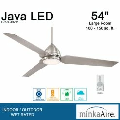 Best Pirce 😉 Minka Aire Java 54 In. LED Indoor/Outdoor Brushed Nickel Wet Ceiling Fan 🥰 -ceiling lighting store 1691678f024b2cd5 4115 w800 h800 b0 p0