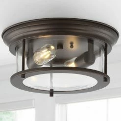 Best Sale 🛒 JONATHAN Y Lauren 13.25" Metal And Glass Led Flush Mount, Oil Rubbed Bronze/Clear 🎁