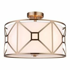 New 🎉 Woodbridge Lighting Inc. Woodbridge Lighting Regan 17" 3-Light Steel & Fabric Semi-Flush In Vintage Brass 🥰