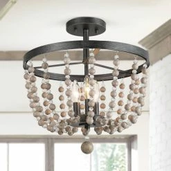 Cheap ❤️ LNC Lighting LNC 3-light Flush Mounts Ceiling Lights Distressed Wood Beads Black Finish Retro ✔️
